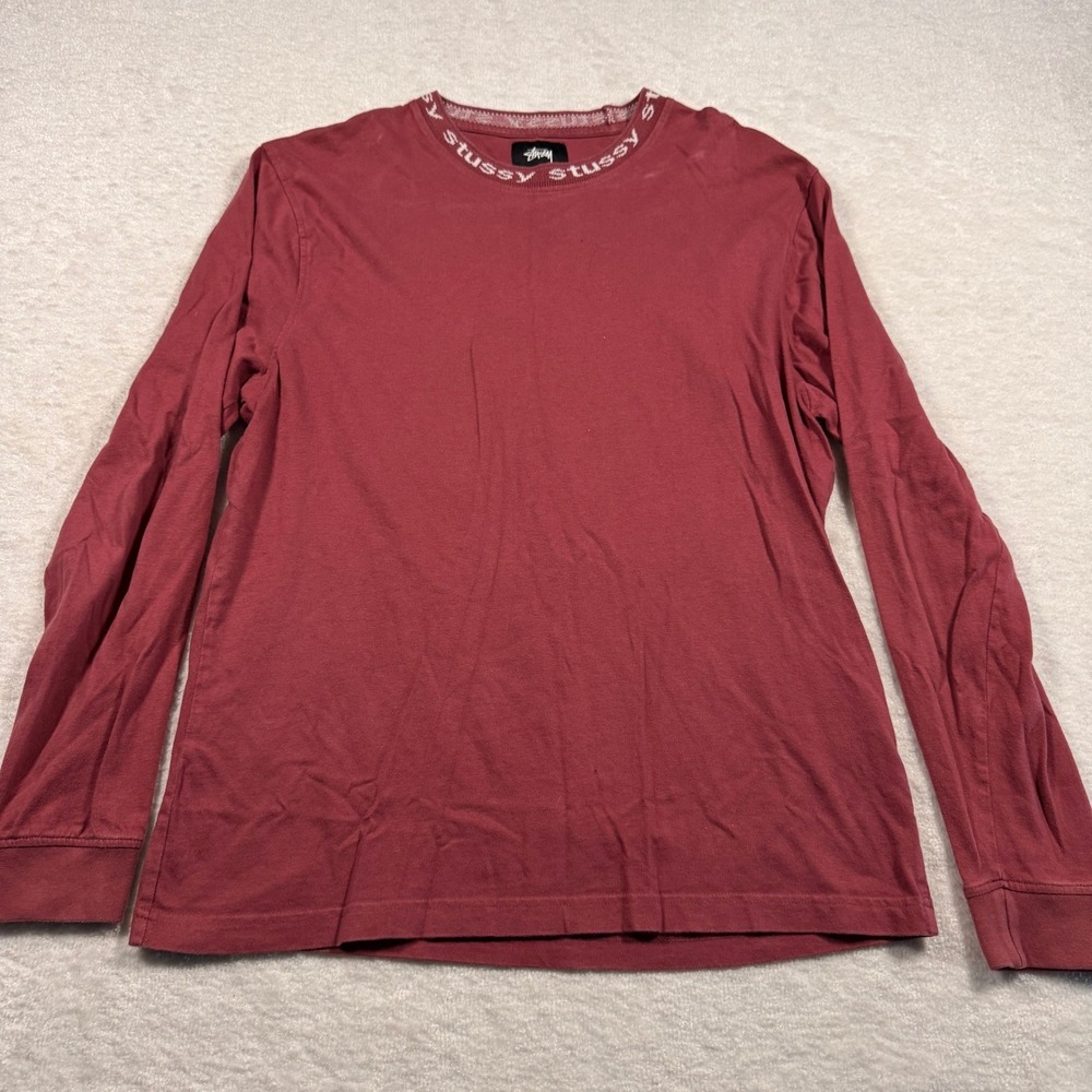 Stussy Mens Long Sleeve Logo Ribbed‎ Collar T-Shirt Burgundy Red Size Small